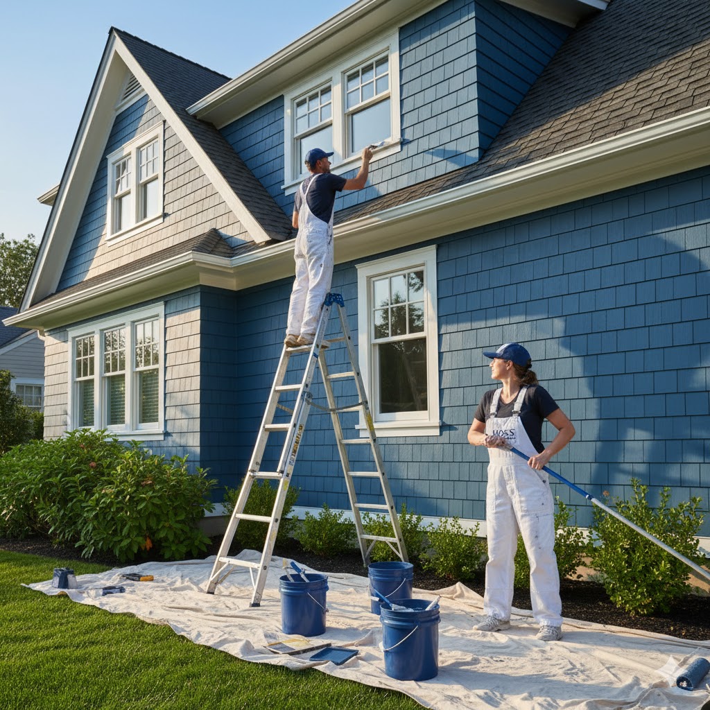 Close-up of a home exterior with crisp, clean paint lines.